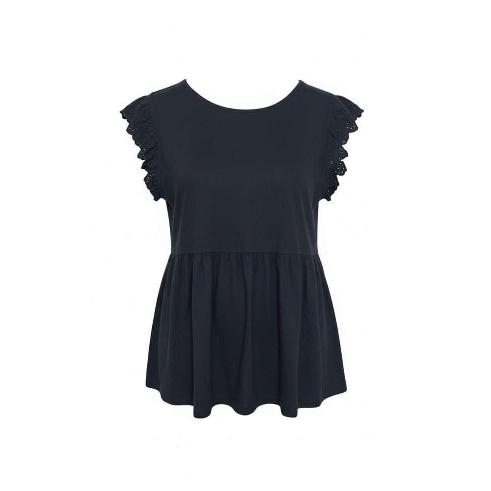 NWOT Eyelet Ruffle Cap Sleeve Crew Neck Peplum Pullover Blouse Black Size XS